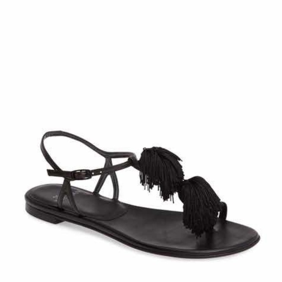 Stuart Weitzman black leather flat sandal with tassel detail - Picture 2 of 3